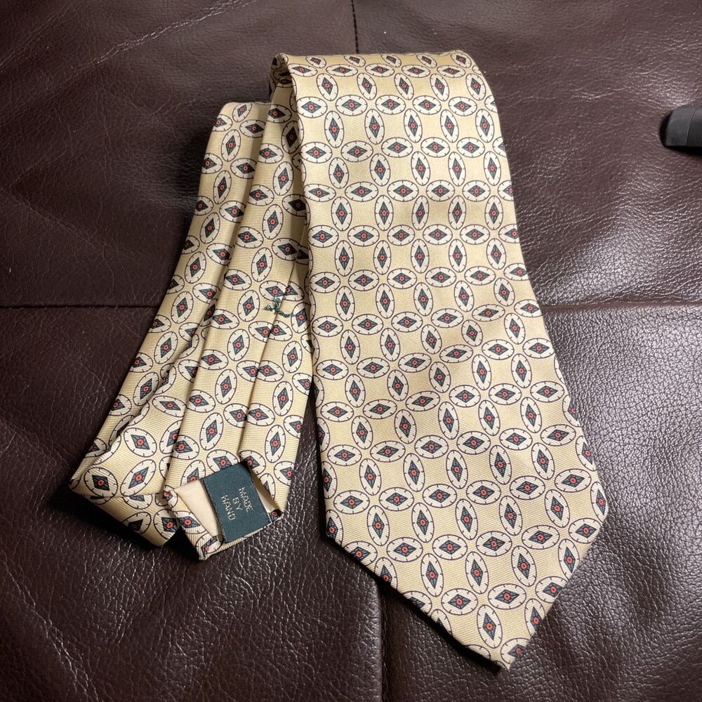 VTG 1990s J.Crew Silk Necktie Cream Geometric Pattern Men Tie Green Label USA